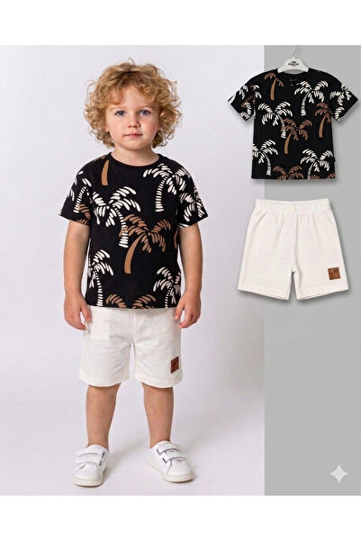 KİDSPİTİRCİK Boy's Black and White Shorts Suit 100% Cotton