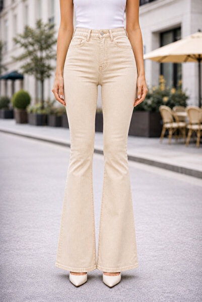 TRUEJNS Mona Kadın Bej Yüksek Bel Likralı İspanyol Paça Trend Jeans