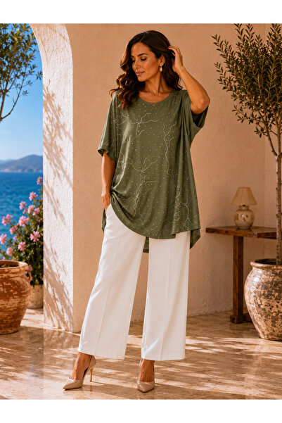 TUSSE Women's Crew Neck Lightning Stone Embellished Viscose Stretchy Plus Siz...