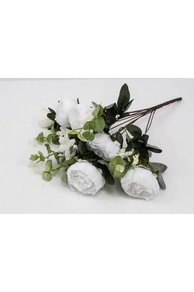 OEM Flori Artificiale Buchet 5 Bujori 1 Boboc, 5 Eucalipt Alb Pur