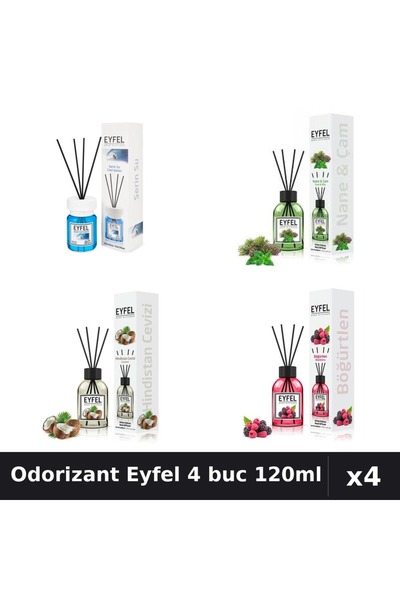 Eyfel Set 4 Odorizant Cameră Betișoare 120ml - Cool Water, Pin Mentă, Nucă Co...