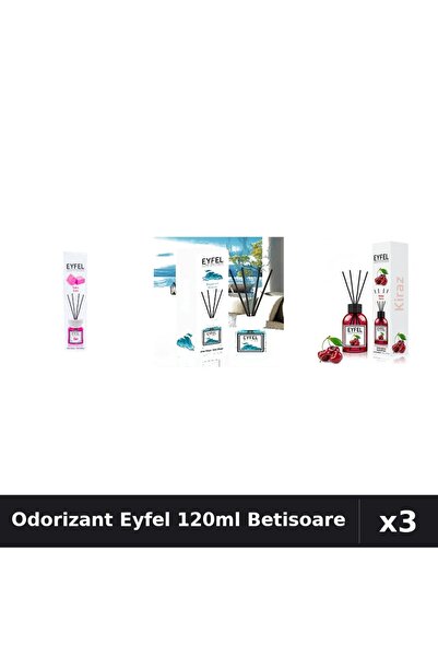 Eyfel Set 3 Odorizant Camera cu Betisoare 120ml - Bubble Gum, Ocean, Cirese