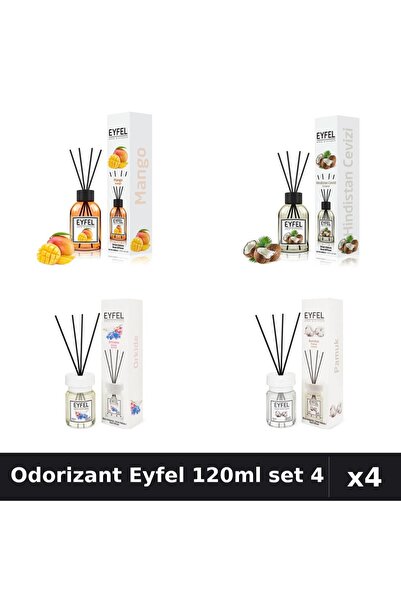 Eyfel Set 4 Odorizant Camera Betisoare 120ml - Mango, Nucă Cocos, Orhidee, Bu...
