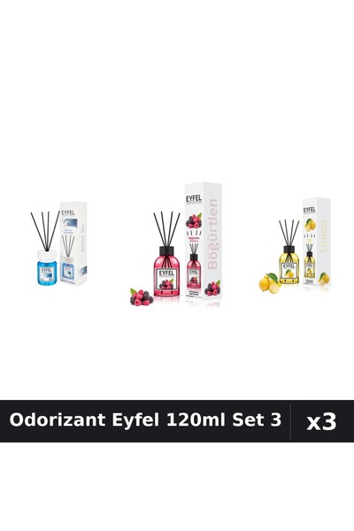 Eyfel Set 3 Odorizant Camera Betisoare 120ml - Cool Water, Fructe Pădure, Lămâie