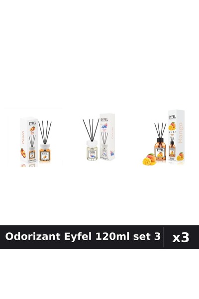 Eyfel Set 3 Odorizant Camera cu Betisoare 120ml - Piersică, Orhidee, Mango