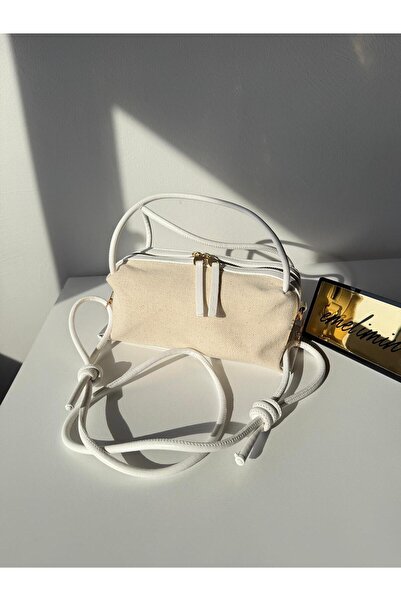 emelimin White Knot Detailed Canvas Shoulder Bag with Gold Accessories Women'...