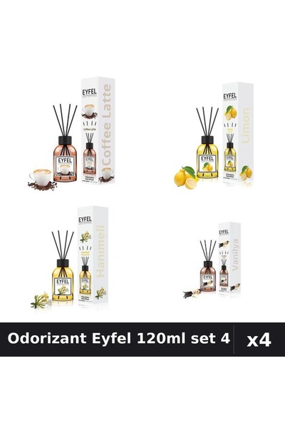 Eyfel Set 4 Odorizant Camera Betisoare 120ml - Cafea, Lămâie, Vanilie, Mână M...