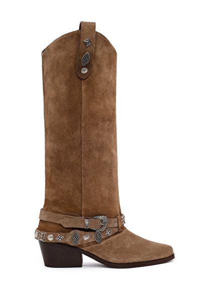 Derimod Women's Beige Thick Heeled Suede Leather Cowboy Boots 26Pfd207610