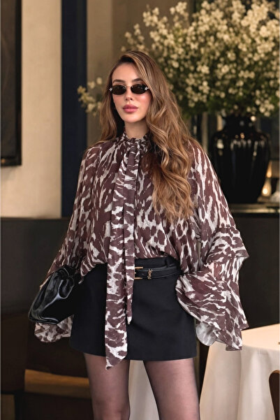 Modark Women's Black Coffee Leopard Patterned Chiffon Blouse - Spanish Sleeve...