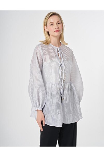 Kayra Bluză jacquard cu detaliu din șireturi, albastră