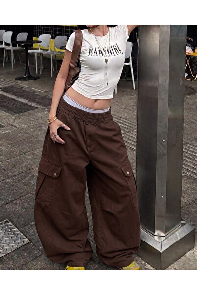 Touz Ekstra široke unisex pantalone od smeđe platnene tkanine sa velikim džep...