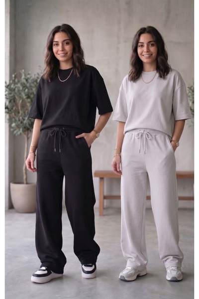 CAONNES Pachet de 2 pantaloni de trening pentru femei - Negru - Gri - Cu legă...