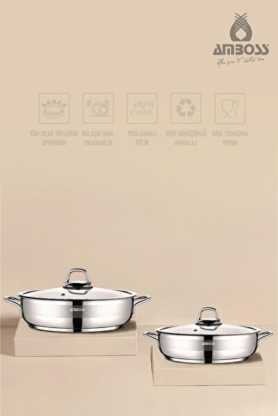 Amboss Nirvana 4-Piece Stainless Steel 18-20 cm Sahan Set with Glass Cover