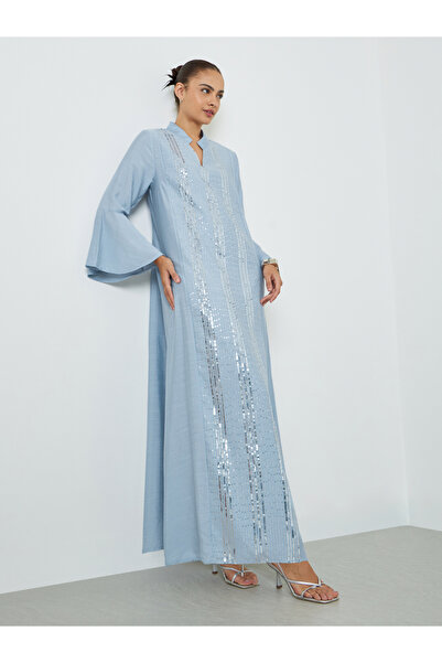 Amirah By Styli Light Blue Sequined Embroidery Jalabiya with Bell Sleeves