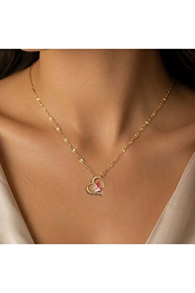 Bk Gift Women's Necklace with Heart Figure and Butterfly Detail - Non-Tarnish...