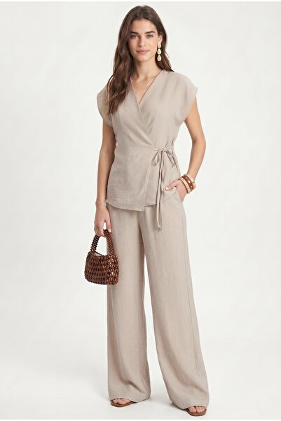 Ritnice Women's Kelsey Asymmetrical Tie-Up Vest Elastic Waist Pants Woven Sto...