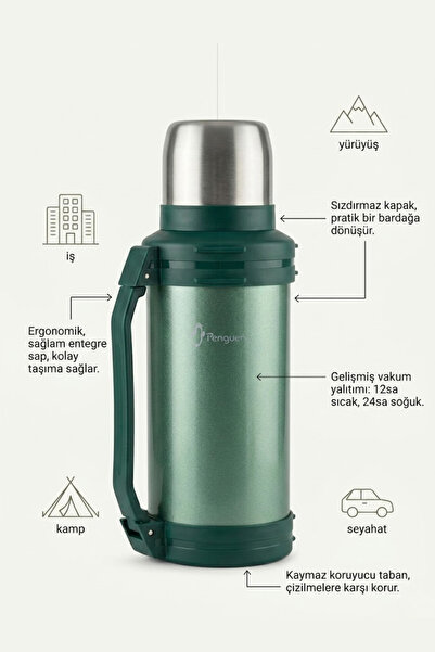 Penguen 2 Litre Avcı Termos Vakumlu Çelik Termos Kamp Piknik Çay Kahve Termosu SUS304 BPA Free
