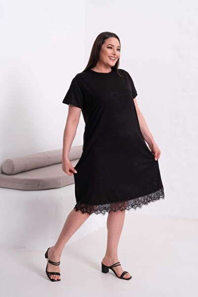 kısmet sepeti Women's Skirt with Guipure Detail, Glittery Combed Cotton Fabri...
