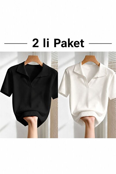 banessa 2 Adet Polo Yaka Klasik Triko Kadın Şık T-Shirt