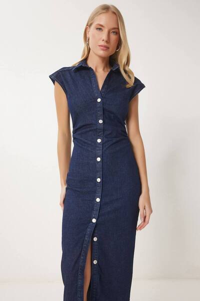 Budan Export Kadın V Yaka Düğmeli Yan Büzgülü Yırtmaçlı Bodycon Midi Kot Jean...