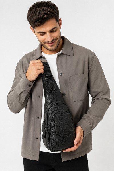 Catwins Men's Black Leather Body Bag Cross Shoulder and Chest Bag 7014