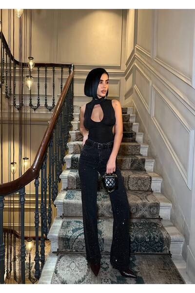 FreeBlue Siyah Taşlı Palazzo Jean