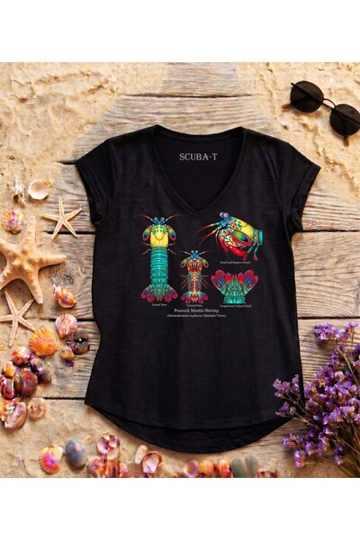 ScubaPromoTurkey Mantis Shrimp Printed Black V-Neck Flared Cotton T-Shirt