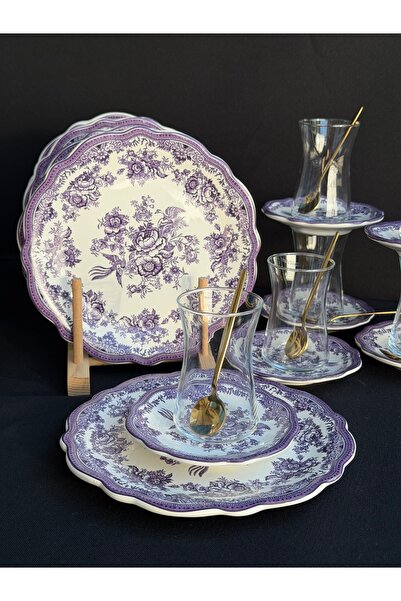 Hediye Köşkü 6 Kişilik Lüks 24 parça Vintage Pasta Tabaklı Çay Seti