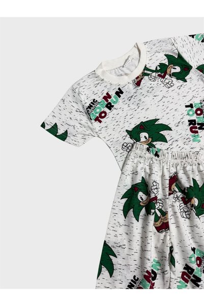 tusem butik homewear Boy's Cotton White Green Sonic Patterned Short Sleeve Summer Shorts Pajama Set