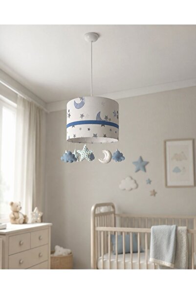 Leobabyroom Mavi Gri Yıldız Ay Desenli Bebek Çocuk Odası Oyuncak Figürlü Tava...