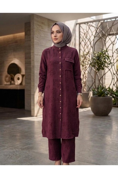 KADO 26Y262070 TAKIM TUNİK PANTOLON JAKARLI KUMAŞ ÖNDEN DÜĞMELİ TEK CEPLİ MÜRDÜM