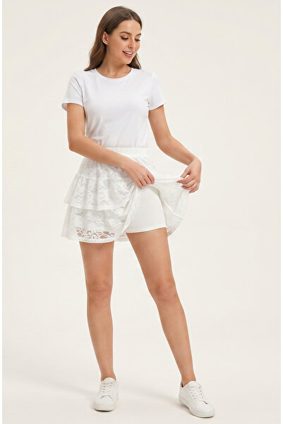 Sibel Günay Butik White Lace Tulle Skirt with Elastic Waist - 3-Layer Lined M...
