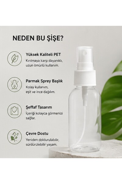 Kozpak Tekli 50 ML Şeffaf Plastik Sprey Şişe Beyaz Parmak Spreyli Kolonya Dez...