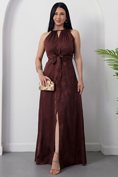 PULLIMM Halter Yaka Ön Bağlama Saten Elbise K-251656
