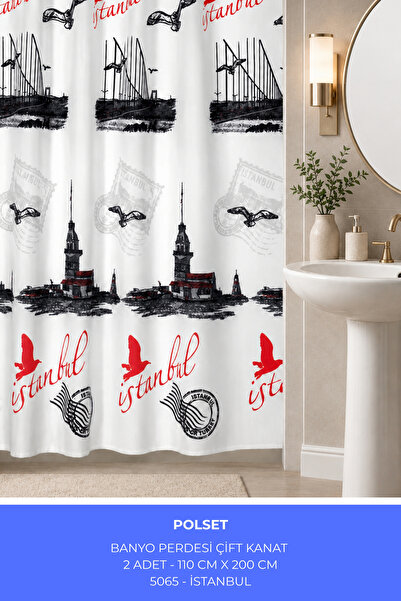 polset Desenli Şık Banyo Duş Küvet Perdesi Çift Kanat 2’li Set 100x200 cm Hal...