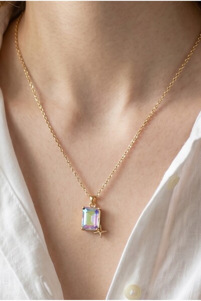 NBS Beautiful Naturel Stones Gold Zincirli, Şeffaf Taş ve Yıldız Detaylı Kadı...