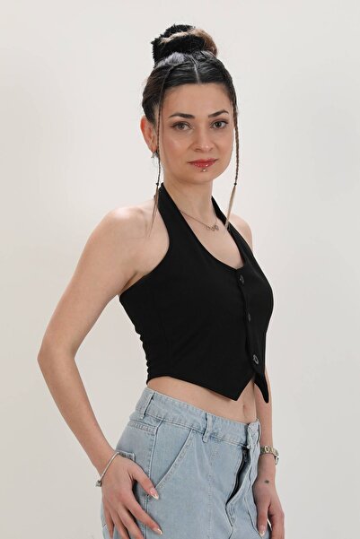 Moda Gülsa Women's Halter Neck Buttoned Back Detailed Vest Blouse Crop