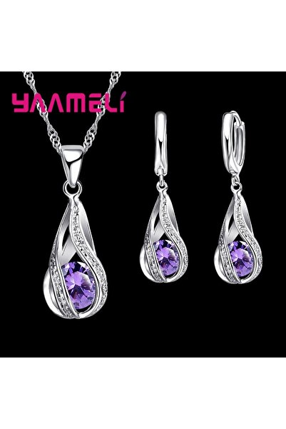 Choice3 Purple Hot Water Drop CZ 925 Sterling Silver Plated Jewelry Set For W...