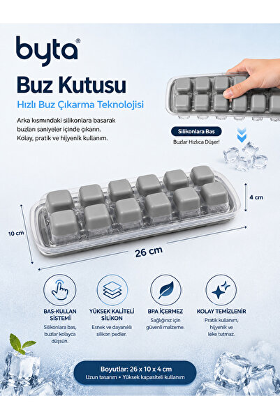BYTA Kapaklı Silikon Buz Kalıbı Hazneli Buzluk Kolay Buz Tahliye Özellikli 12...