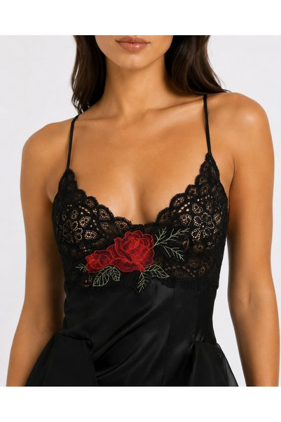 angel´s story Women's Black Satin Nightgown with Lace Detail and Rose Embroidery, Cross-Strapped Nightgown