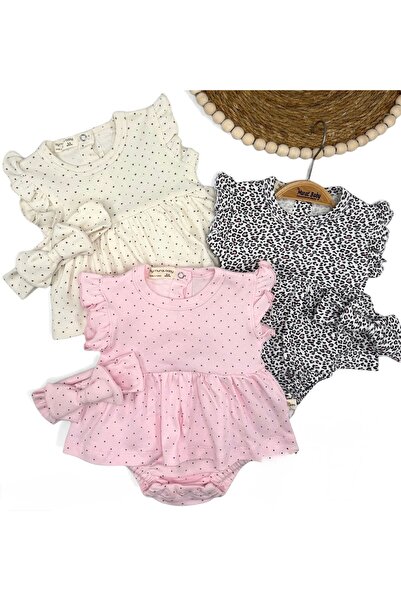 Miray baby kids 3’lü Kız Bebek Fırfırlı Body Elbise ve Bandana Seti