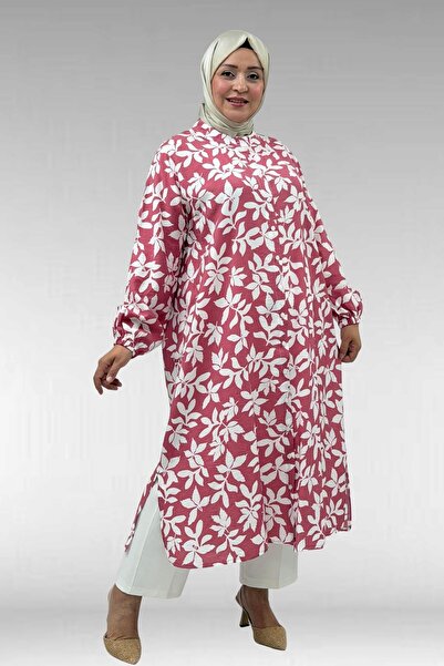 Eslina 68046 Plus Size High Neck Buttoned Mango Tunic - Leaf Pattern Pink