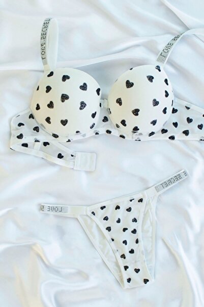 DNR İç Giyim Heart Printed Stone Strap Supported Bra Set Ecru