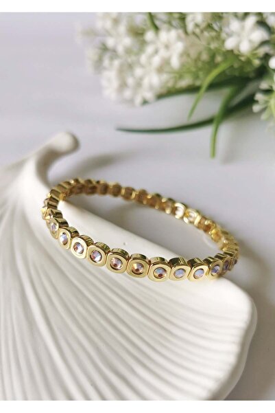 Halley Concept Peach Shine Zircon Stone Steel Bracelet – Elastic Gold Design