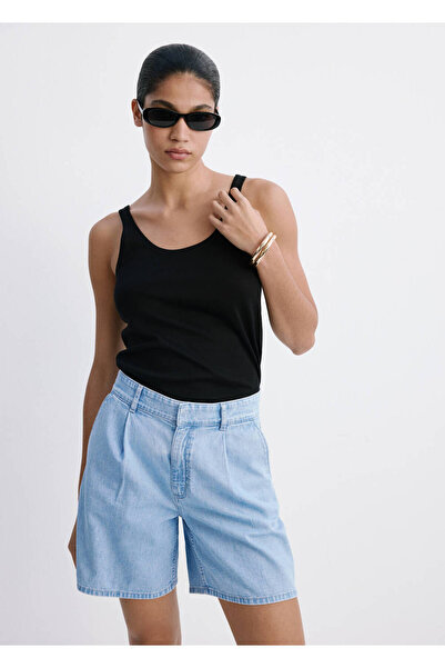 MANGO Woman Orta bel pileli denim bermuda şort