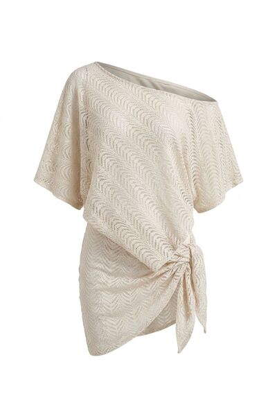 AQUELLA Textured beige poncho pareo set