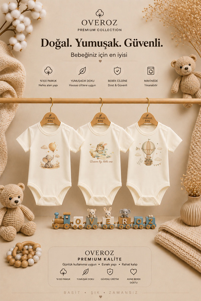 Overoz 3-Piece Rabbit, Elephant, Teddy Bear Printed Ecru Short Sleeve Baby Bo...