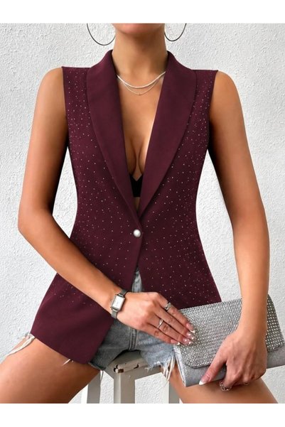oada Women's Sleeveless Collared Stoned Open Front Atlas Vest