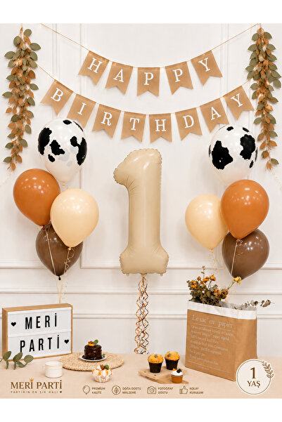 MERİ PARTİ 1 Yaş Çiftlik Temalı İnek Baskılı Balon Rakam Balon Doğum Günü Bal...