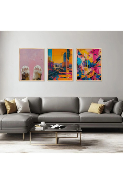 KOLAJTASARIM Vivid Paws Urban Art Natural Wood Framed 3-Piece Painting Set
